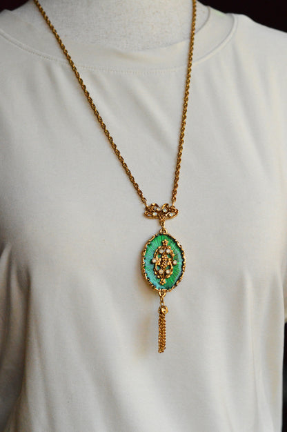 Vintage 1960s LJM Laurentian Green Enamel Tassel Necklace, Signed