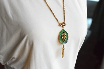 Vintage 1960s LJM Laurentian Green Enamel Tassel Necklace, Signed