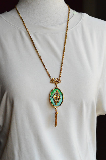 Vintage 1960s LJM Laurentian Green Enamel Tassel Necklace, Signed