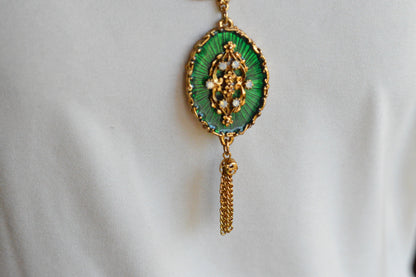 Vintage 1960s LJM Laurentian Green Enamel Tassel Necklace, Signed