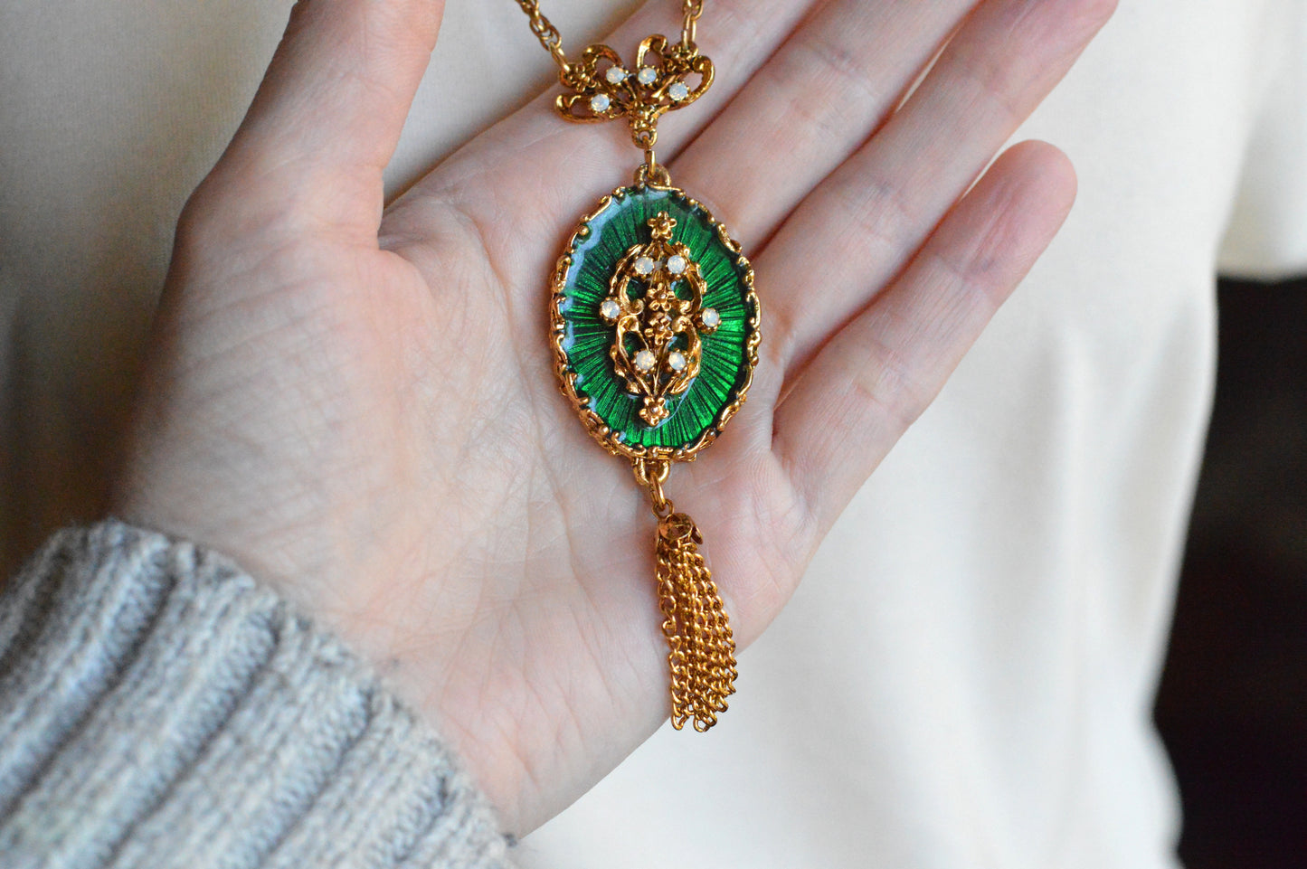 Vintage 1960s LJM Laurentian Green Enamel Tassel Necklace, Signed