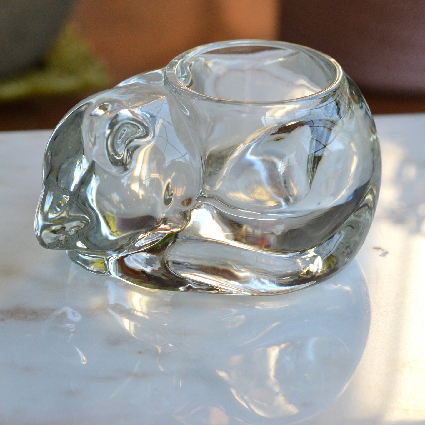 Vintage Indiana Glass Sleeping Cat Votive Candle Holder Clear Crystal #4458