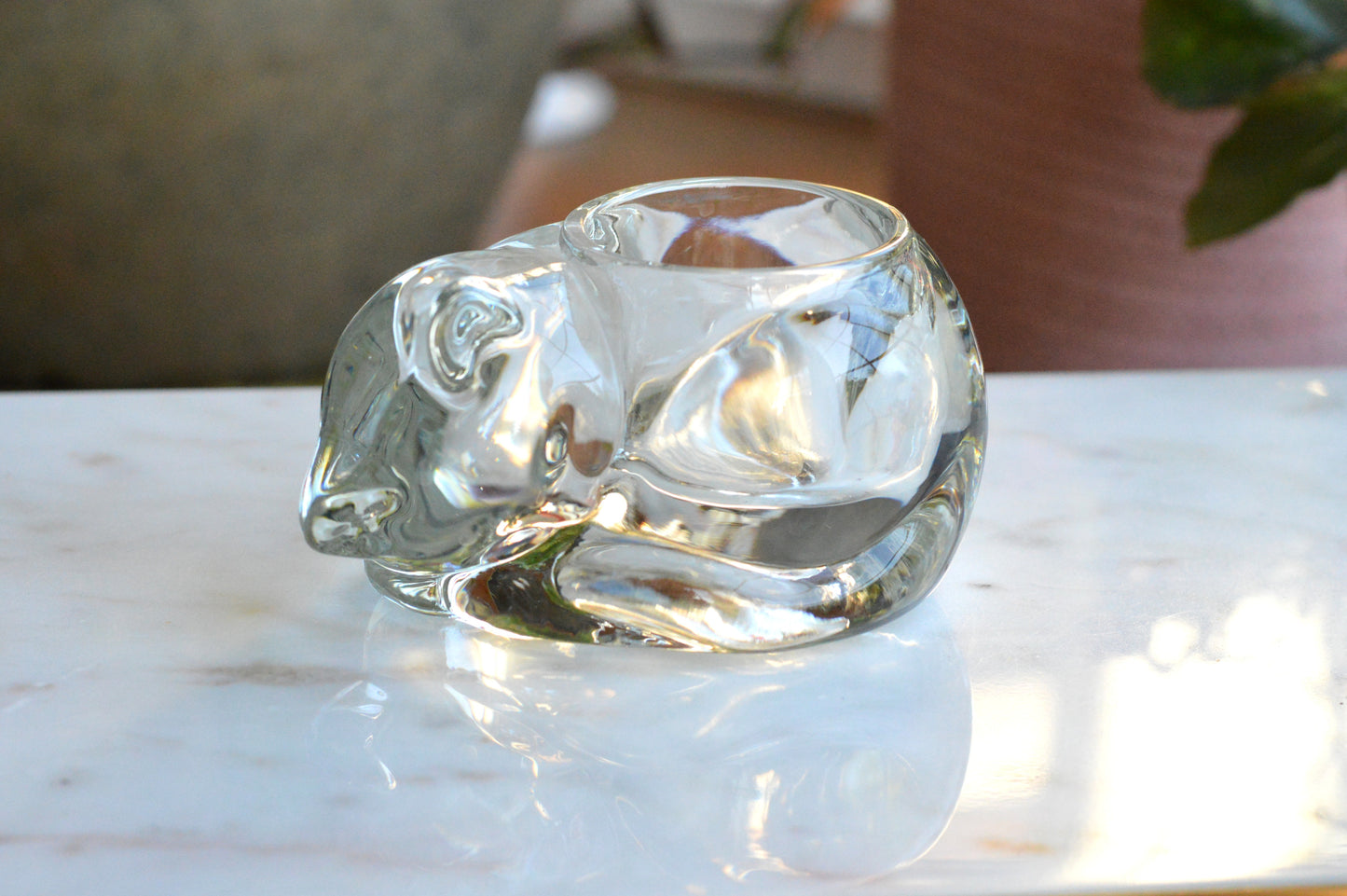 Vintage Indiana Glass Sleeping Cat Votive Candle Holder Clear Crystal #4458