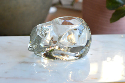 Vintage Indiana Glass Sleeping Cat Votive Candle Holder Clear Crystal #4458