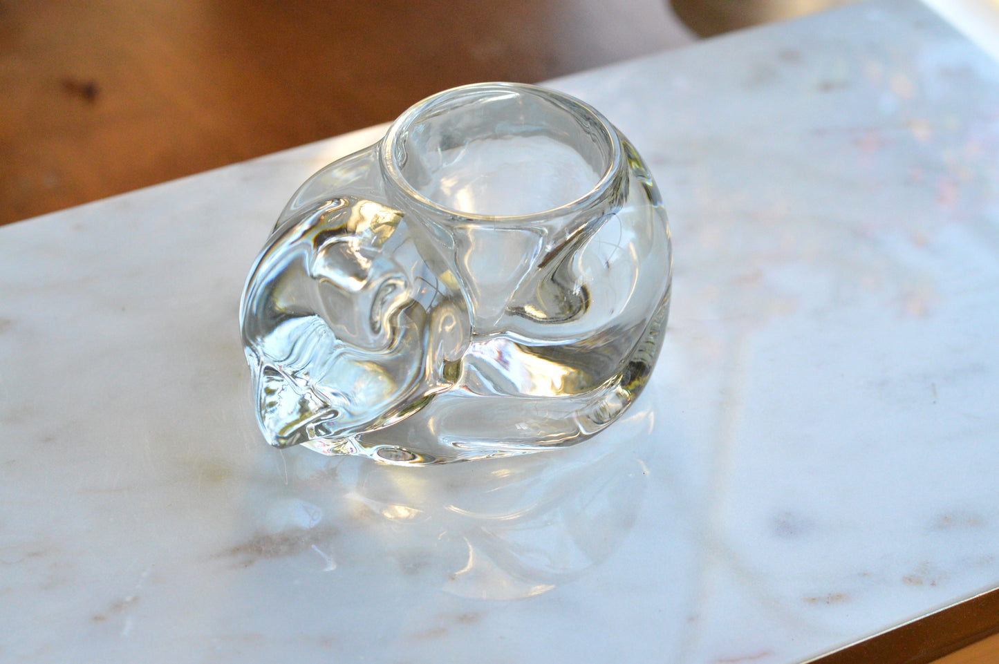 Vintage Indiana Glass Sleeping Cat Votive Candle Holder Clear Crystal #4458