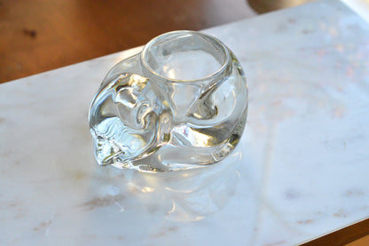 Vintage Indiana Glass Sleeping Cat Votive Candle Holder Clear Crystal #4458