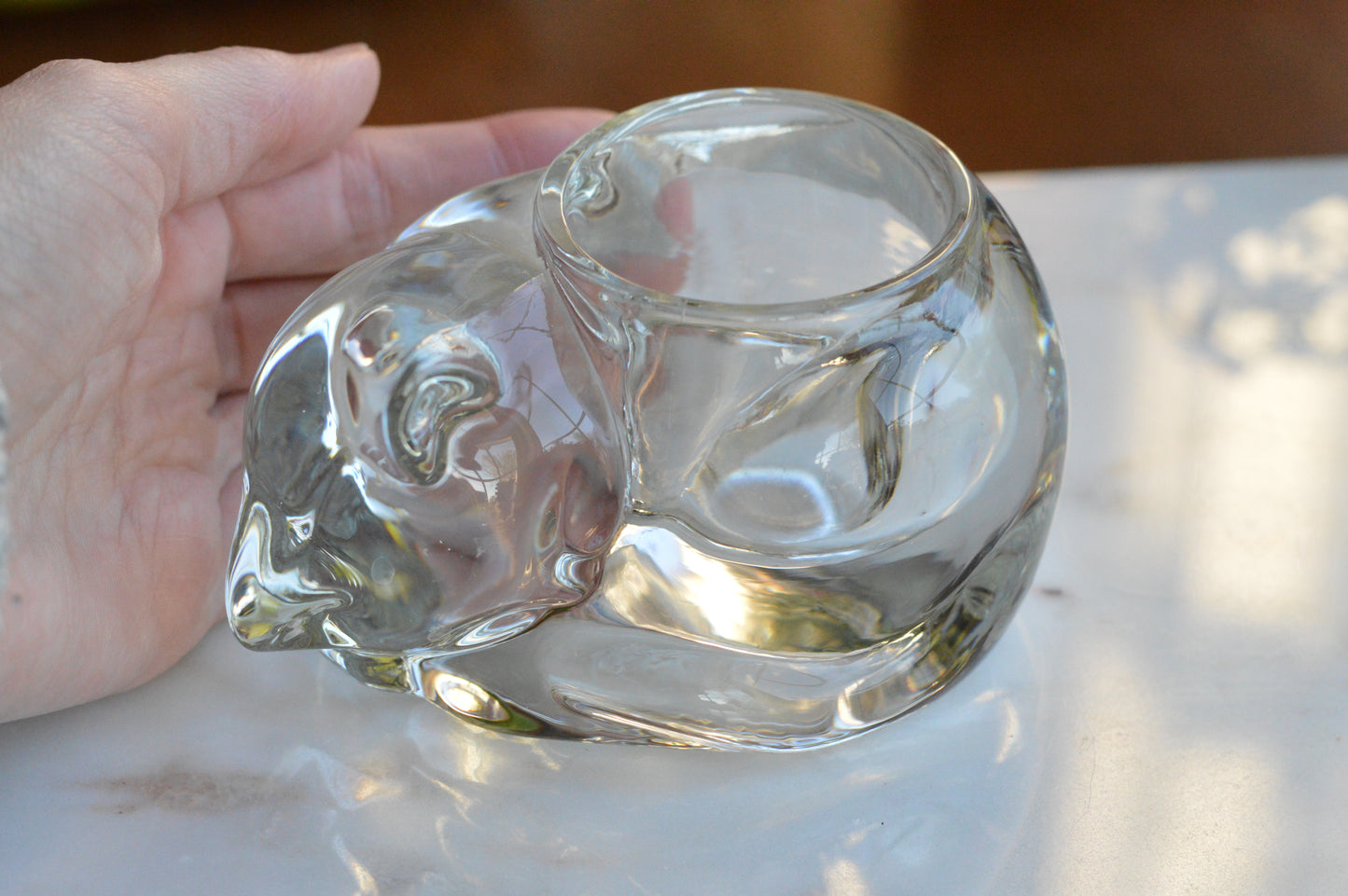 Vintage Indiana Glass Sleeping Cat Votive Candle Holder Clear Crystal #4458