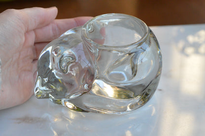 Vintage Indiana Glass Sleeping Cat Votive Candle Holder Clear Crystal #4458
