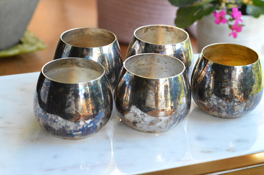 Collection of 5 Vintage Oneida & Wm A Rogers Roly Poly Cups, 1 Gold Wash