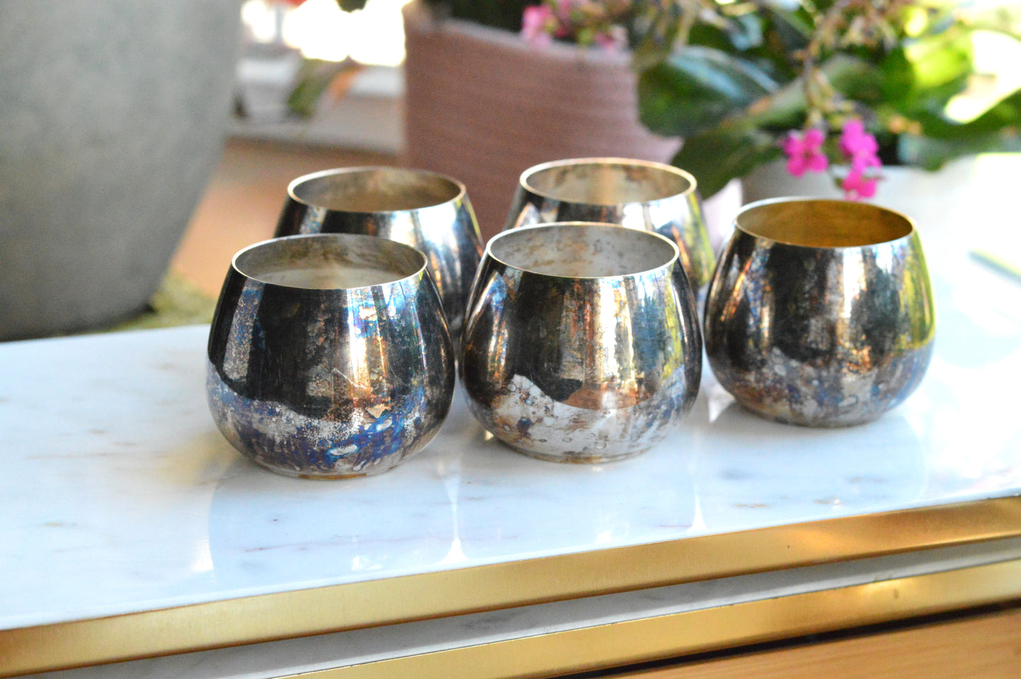 Collection of 5 Vintage Oneida & Wm A Rogers Roly Poly Cups, 1 Gold Wash