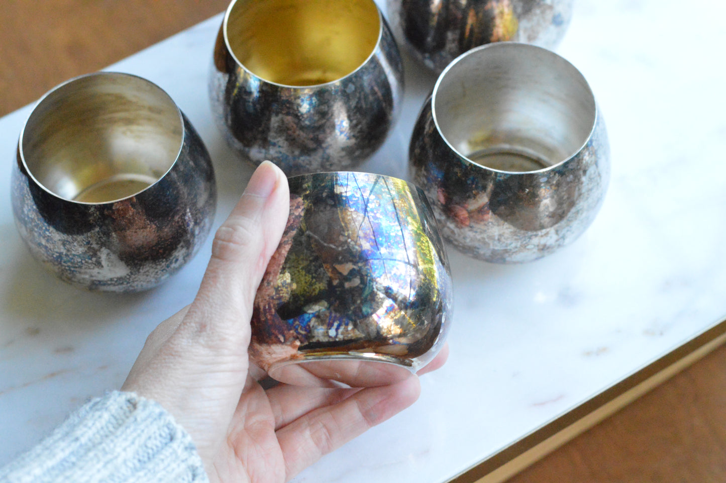 Collection of 5 Vintage Oneida & Wm A Rogers Roly Poly Cups, 1 Gold Wash