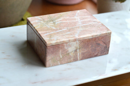 Vintage Pink Marble Jewelry Box, Postmodern Hand Carved 5.1"x4.15" Pakistan