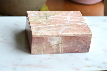 Vintage Pink Marble Jewelry Box, Postmodern Hand Carved 5.1"x4.15" Pakistan