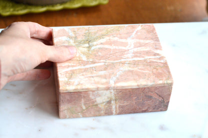 Vintage Pink Marble Jewelry Box, Postmodern Hand Carved 5.1"x4.15" Pakistan