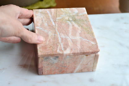 Vintage Pink Marble Jewelry Box, Postmodern Hand Carved 5.1"x4.15" Pakistan