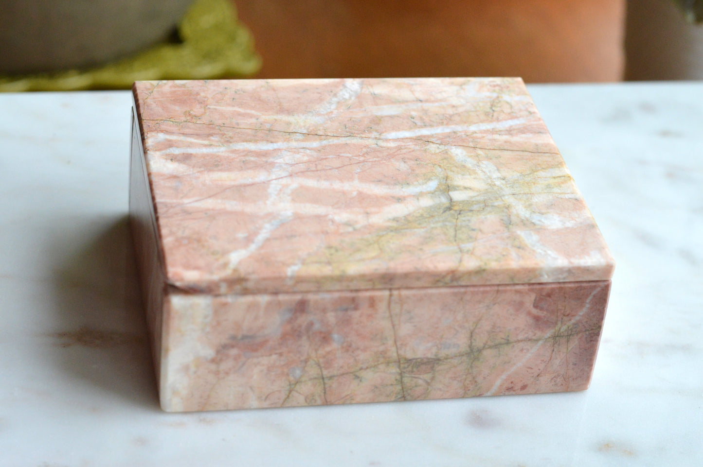 Vintage Pink Marble Jewelry Box, Postmodern Hand Carved 5.1"x4.15" Pakistan