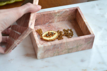 Vintage Pink Marble Jewelry Box, Postmodern Hand Carved 5.1"x4.15" Pakistan
