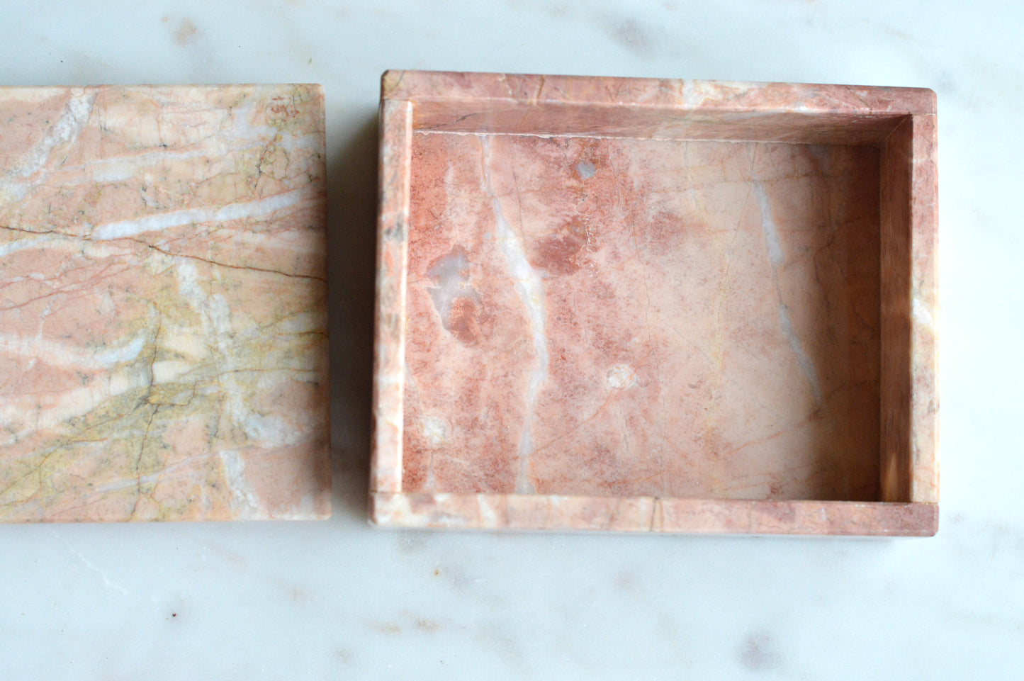 Vintage Pink Marble Jewelry Box, Postmodern Hand Carved 5.1"x4.15" Pakistan