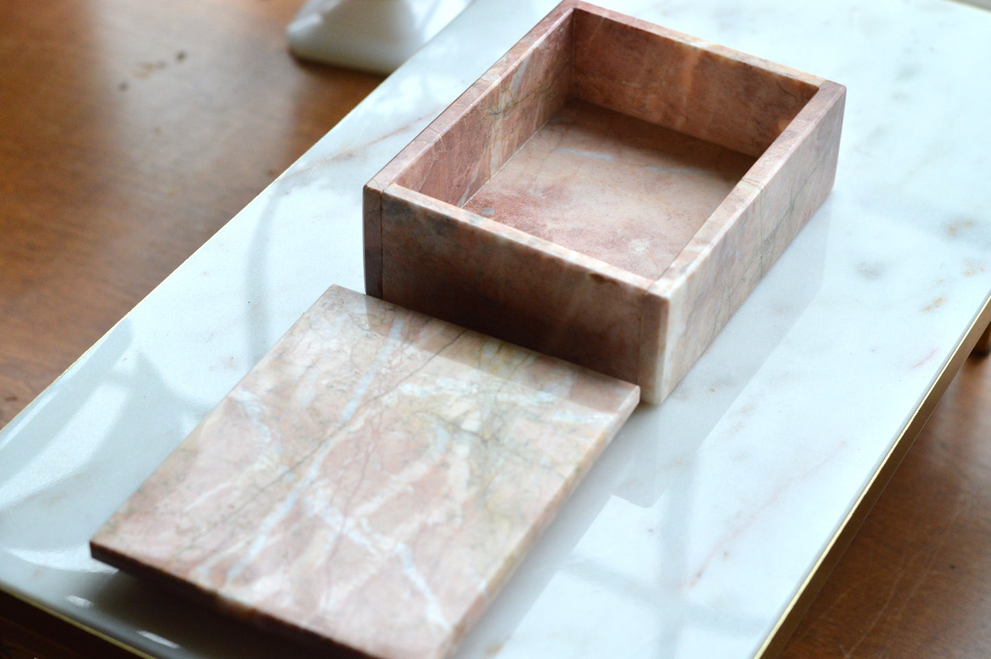 Vintage Pink Marble Jewelry Box, Postmodern Hand Carved 5.1"x4.15" Pakistan