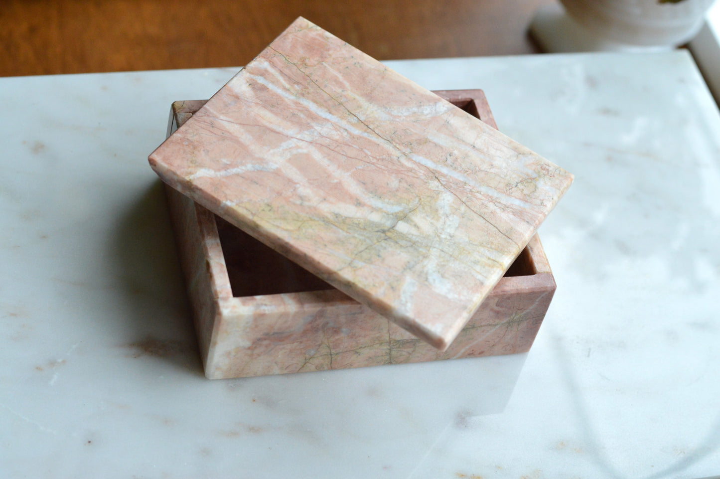 Vintage Pink Marble Jewelry Box, Postmodern Hand Carved 5.1"x4.15" Pakistan