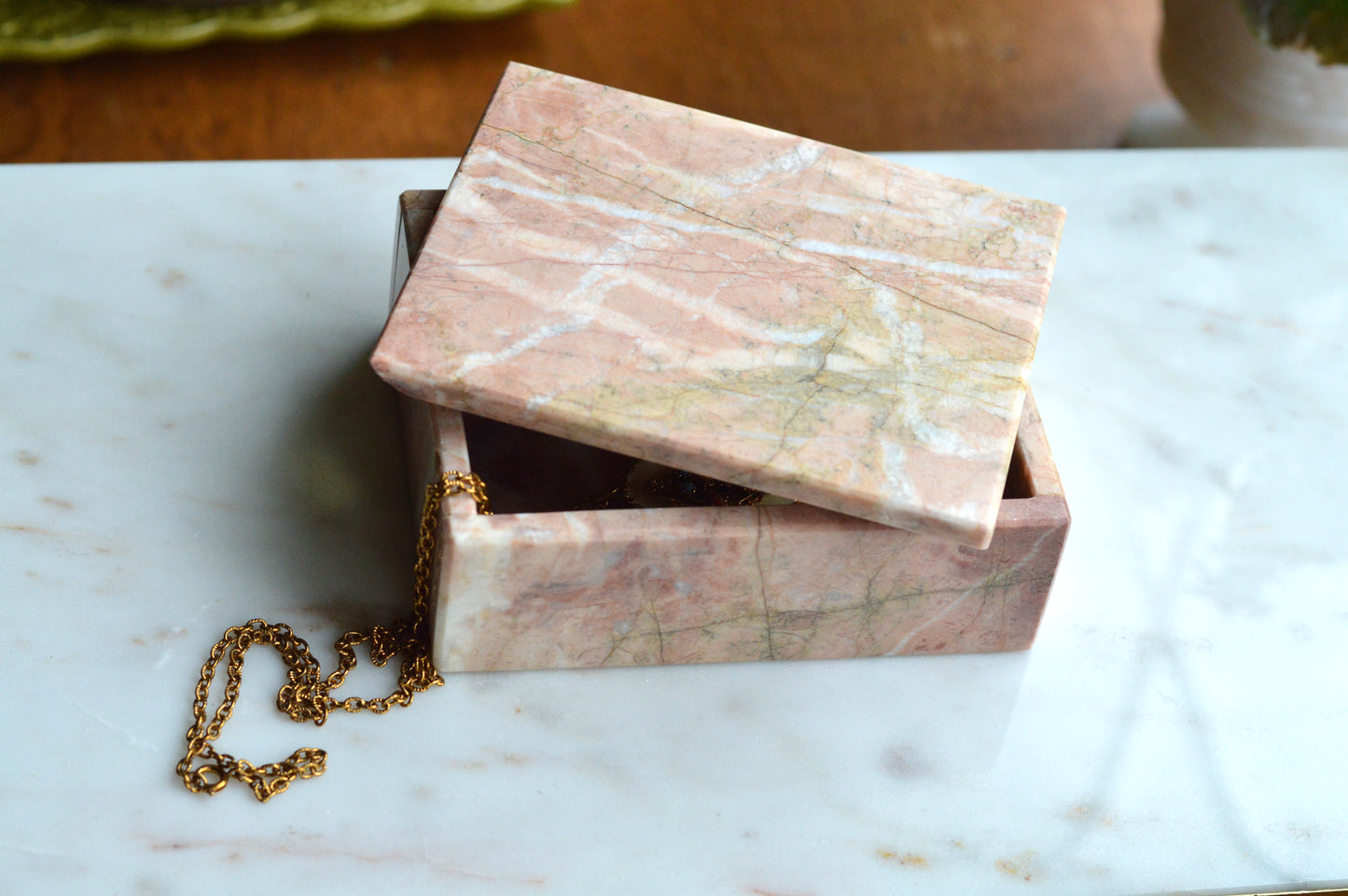 Vintage Pink Marble Jewelry Box, Postmodern Hand Carved 5.1"x4.15" Pakistan