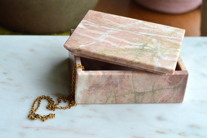 Vintage Pink Marble Jewelry Box, Postmodern Hand Carved 5.1"x4.15" Pakistan