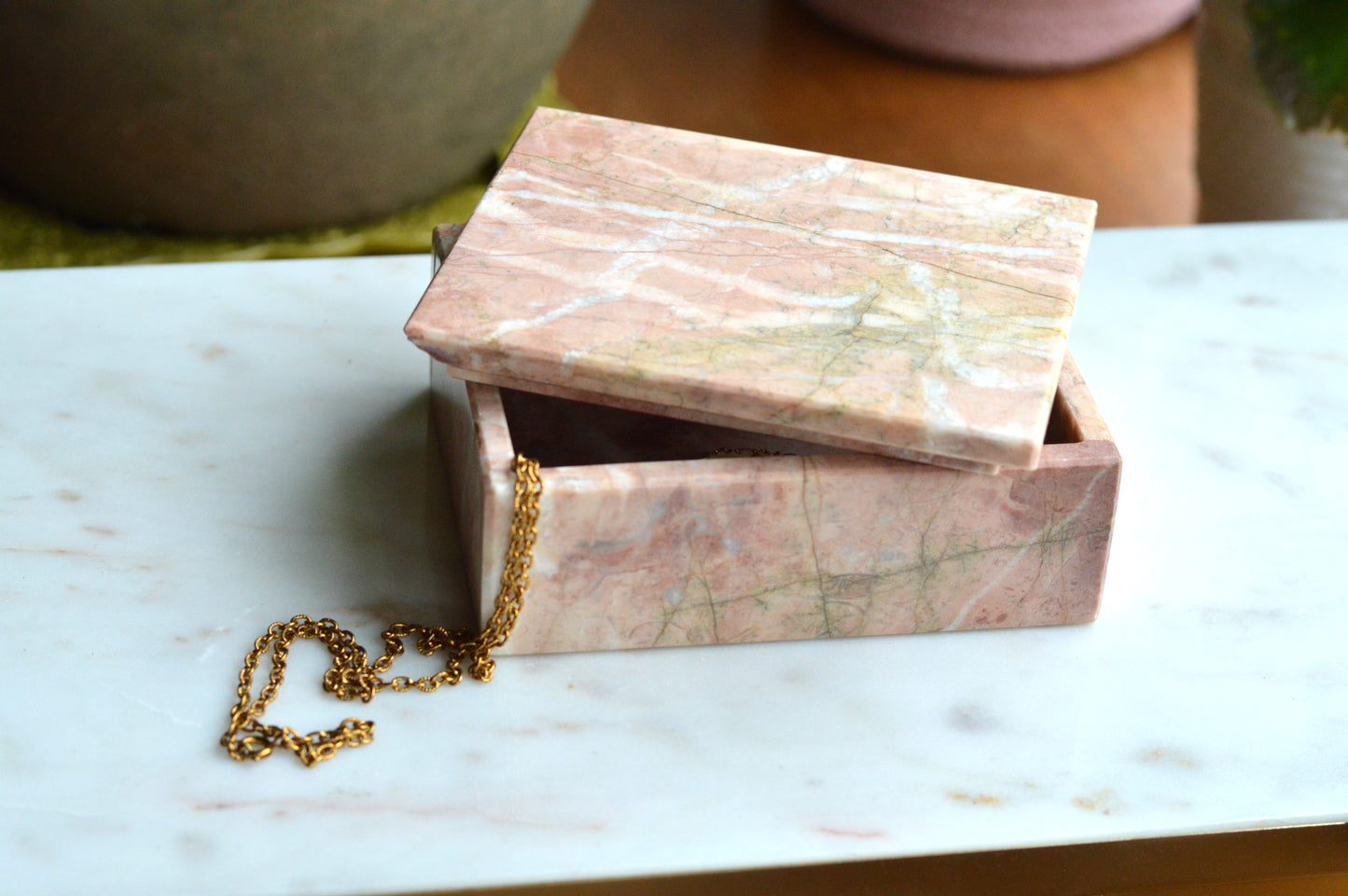 Vintage Pink Marble Jewelry Box, Postmodern Hand Carved 5.1"x4.15" Pakistan