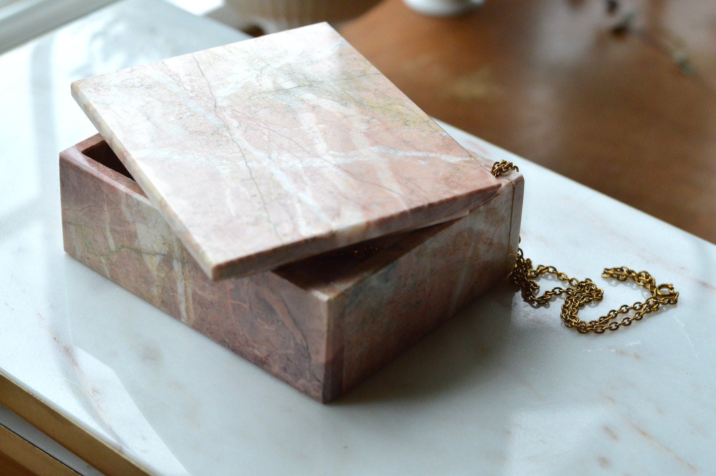 Vintage Pink Marble Jewelry Box, Postmodern Hand Carved 5.1"x4.15" Pakistan