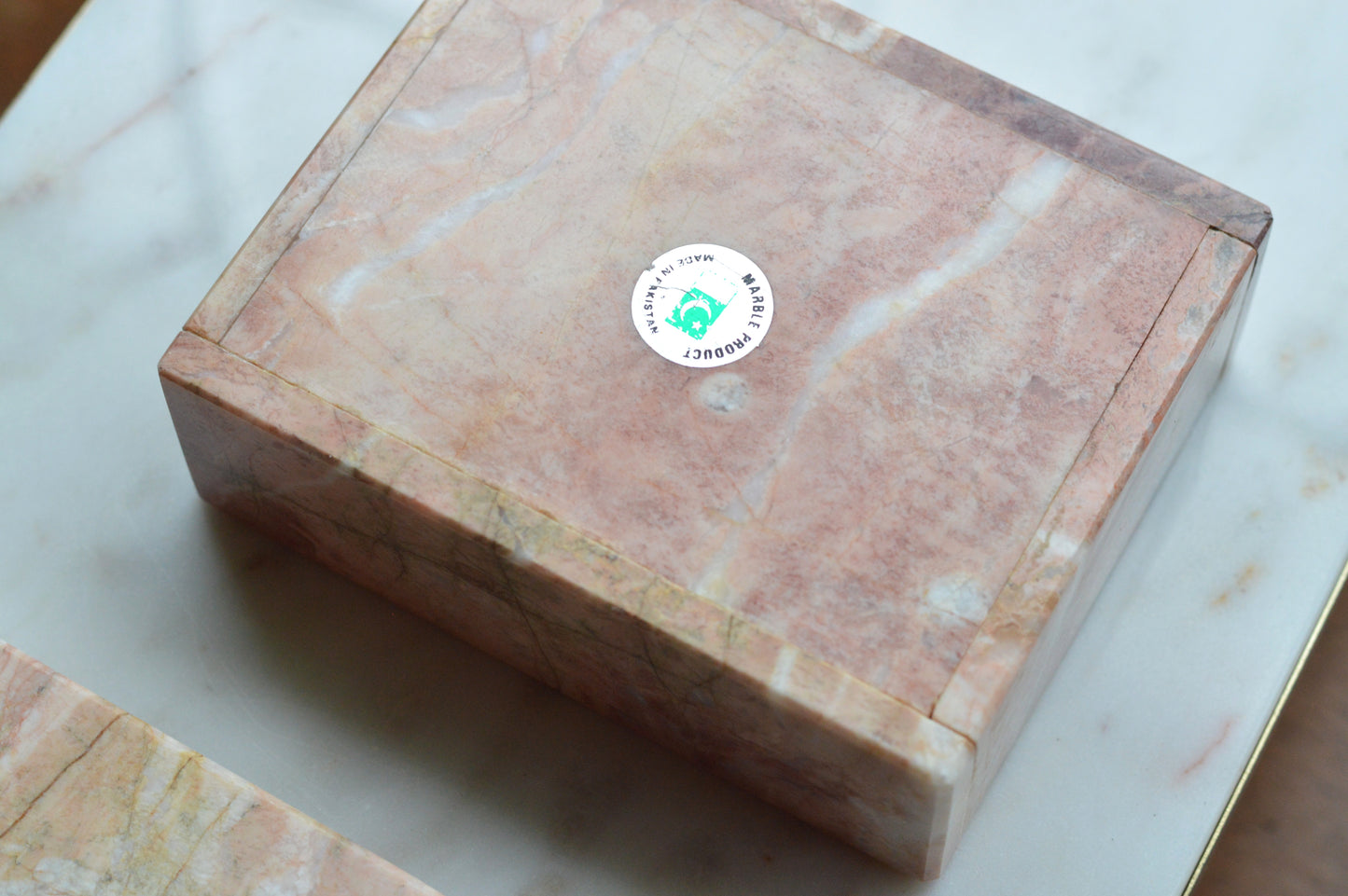Vintage Pink Marble Jewelry Box, Postmodern Hand Carved 5.1"x4.15" Pakistan