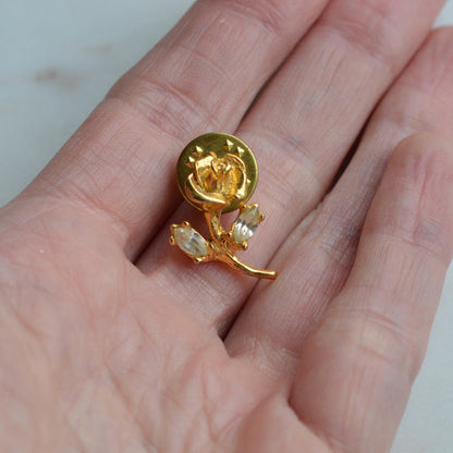 Vintage Gold Rose Scatter Pin, Marquise Rhinestone Leaves Tiny Lapel