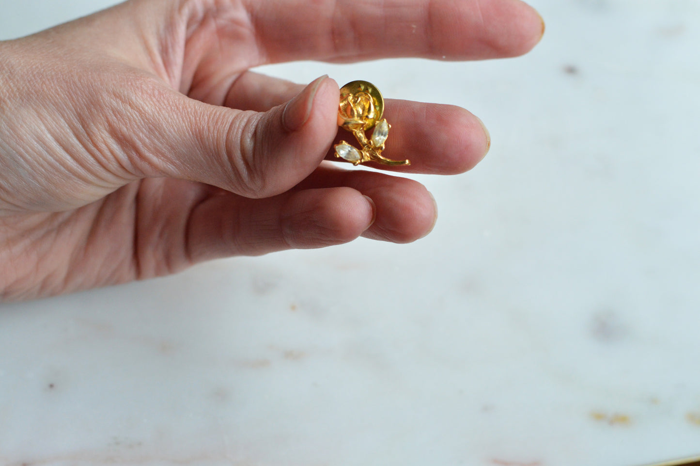 Vintage Gold Rose Scatter Pin, Marquise Rhinestone Leaves Tiny Lapel
