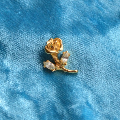 Vintage Gold Rose Scatter Pin, Marquise Rhinestone Leaves Tiny Lapel