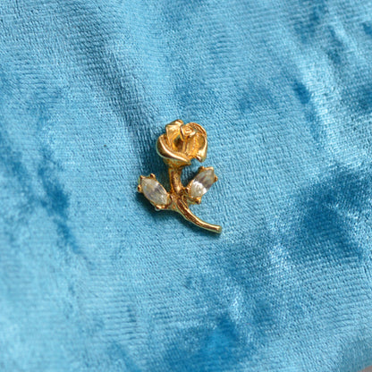 Vintage Gold Rose Scatter Pin, Marquise Rhinestone Leaves Tiny Lapel