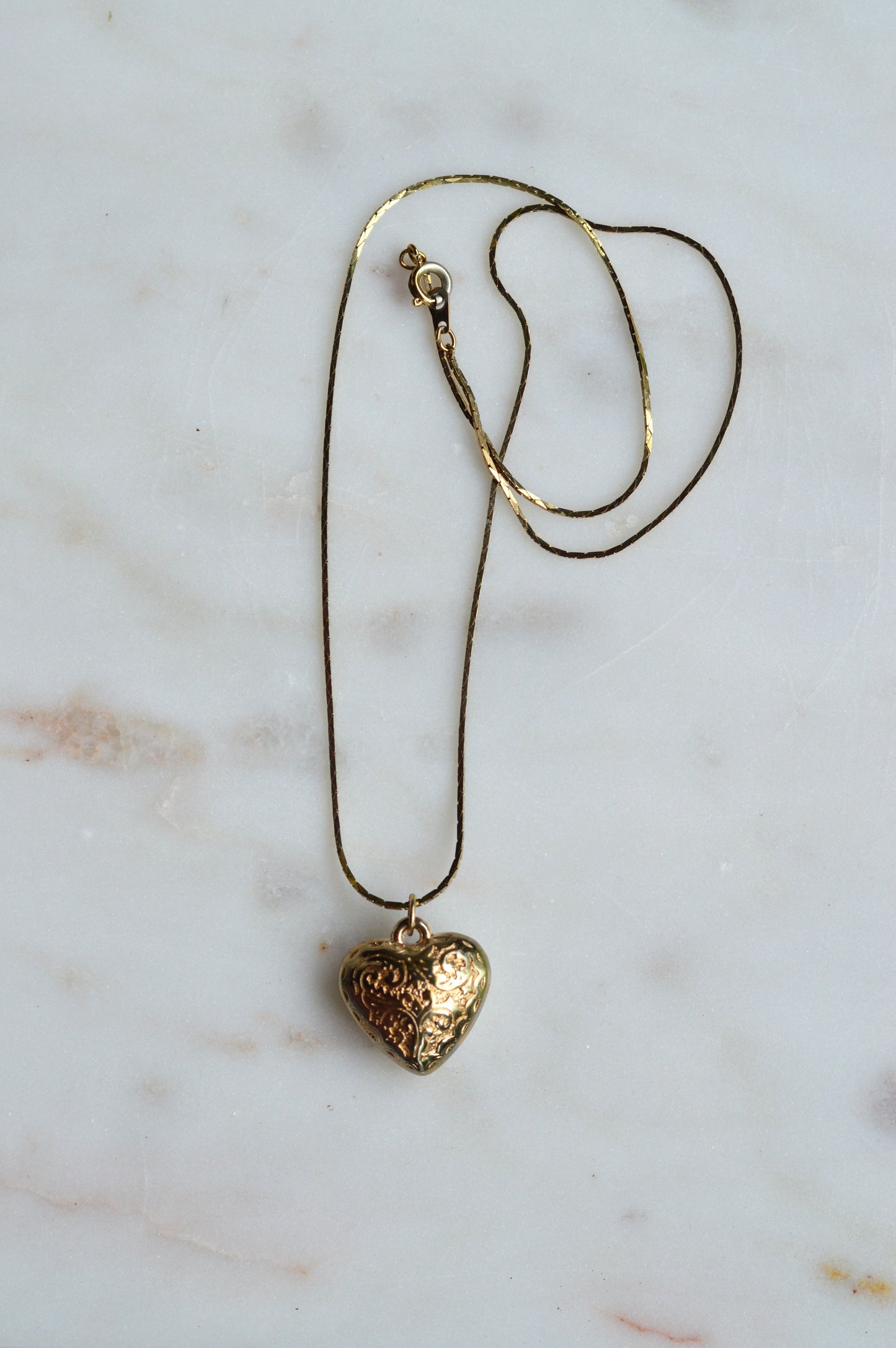 Vintage 1970s Gold Puffy Heart Pendant Necklace, 18" Cobra Chain