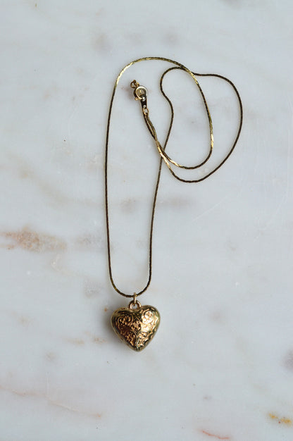 Vintage 1970s Gold Puffy Heart Pendant Necklace, 18" Cobra Chain