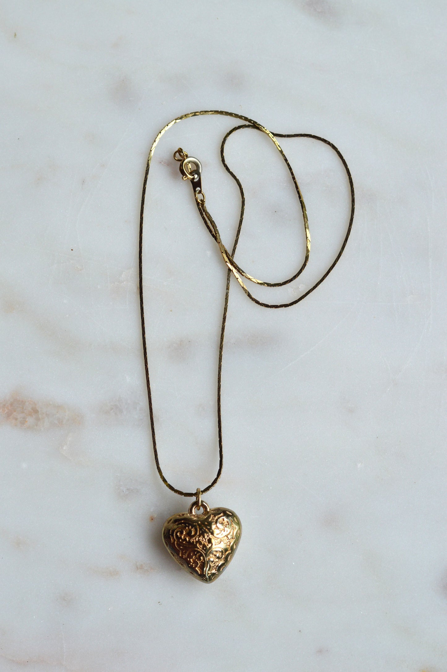 Vintage 1970s Gold Puffy Heart Pendant Necklace, 18" Cobra Chain