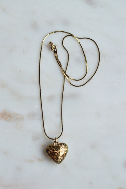 Vintage 1970s Gold Puffy Heart Pendant Necklace, 18" Cobra Chain