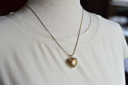 Vintage 1970s Gold Puffy Heart Pendant Necklace, 18" Cobra Chain
