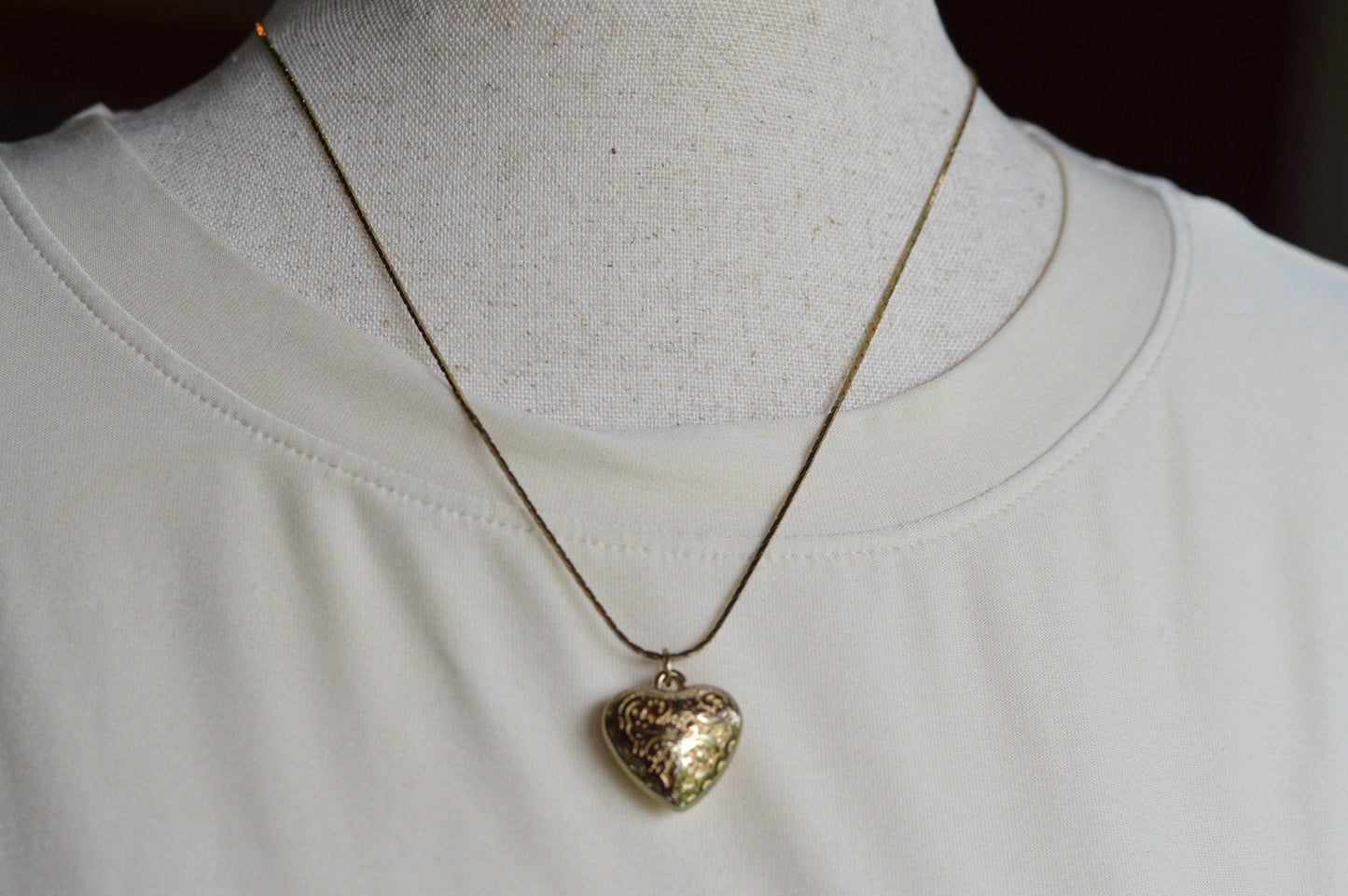 Vintage 1970s Gold Puffy Heart Pendant Necklace, 18" Cobra Chain