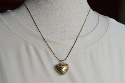 Vintage 1970s Gold Puffy Heart Pendant Necklace, 18" Cobra Chain