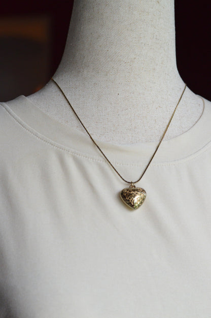 Vintage 1970s Gold Puffy Heart Pendant Necklace, 18" Cobra Chain
