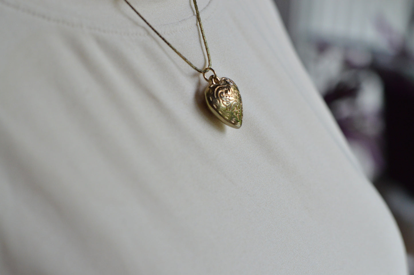 Vintage 1970s Gold Puffy Heart Pendant Necklace, 18" Cobra Chain