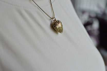 Vintage 1970s Gold Puffy Heart Pendant Necklace, 18" Cobra Chain