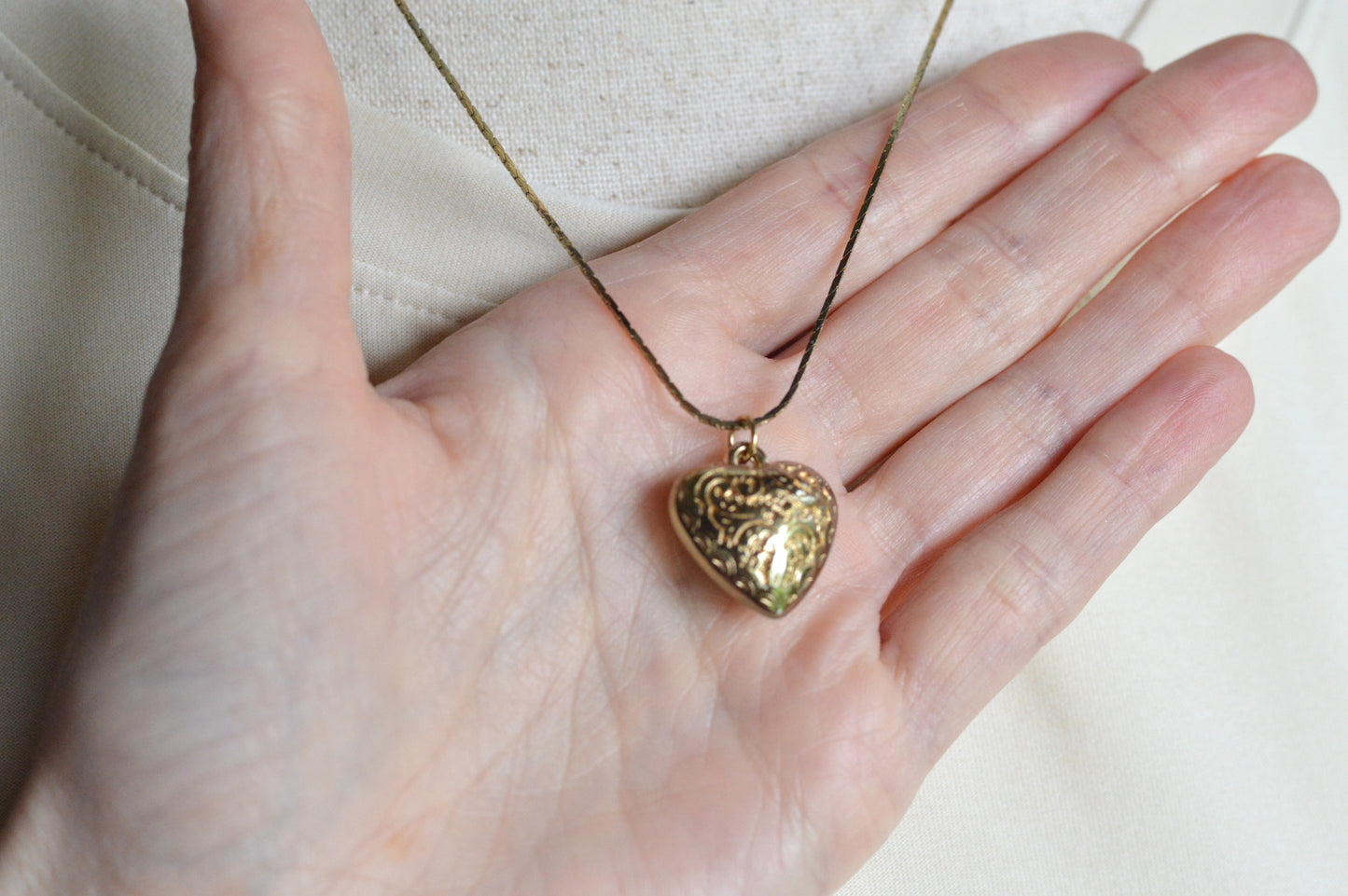 Vintage 1970s Gold Puffy Heart Pendant Necklace, 18" Cobra Chain