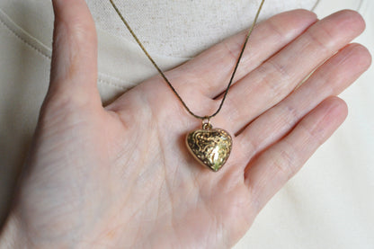 Vintage 1970s Gold Puffy Heart Pendant Necklace, 18" Cobra Chain