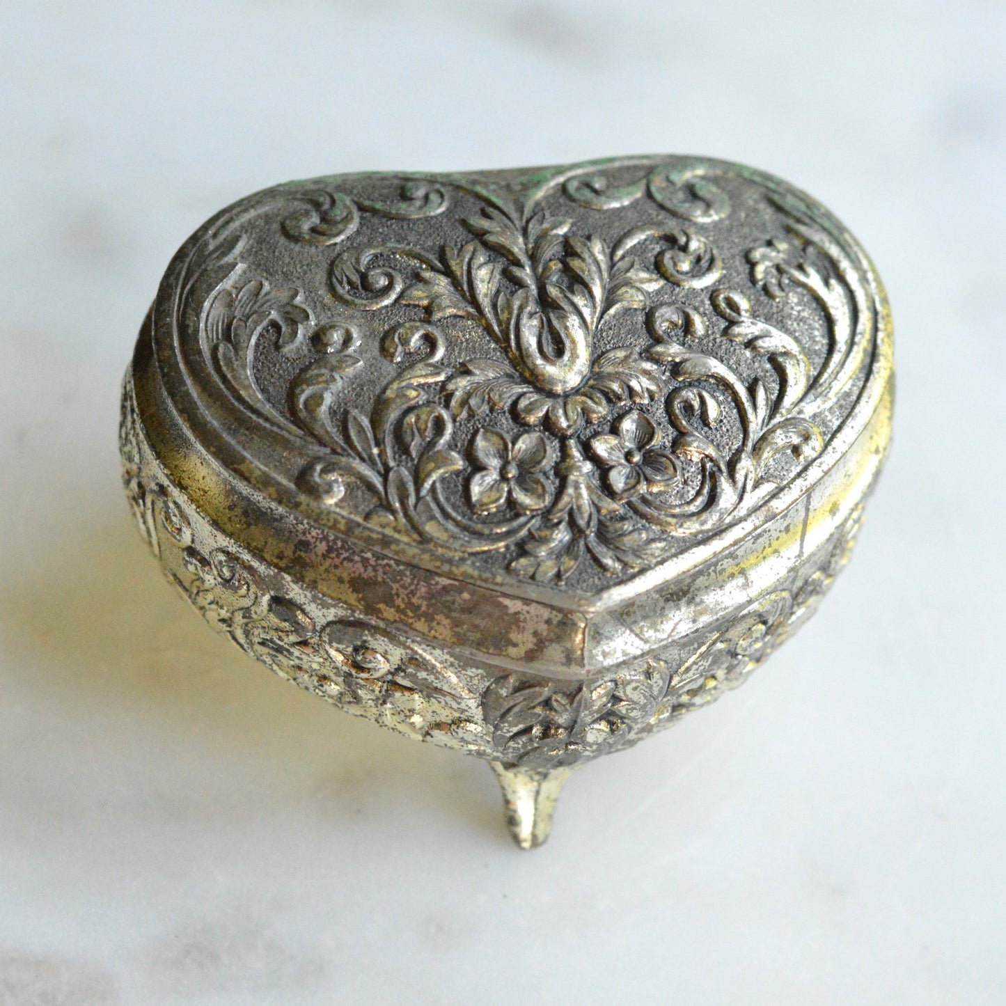 Vintage 1950s Japan Silver Plated Footed Heart Trinket Box 2.75x2" Rose Repousse