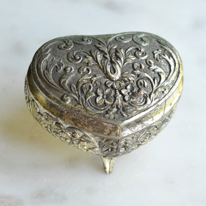 Vintage 1950s Japan Silver Plated Footed Heart Trinket Box 2.75x2" Rose Repousse