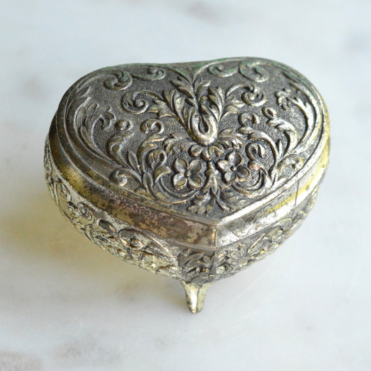 Vintage 1950s Japan Silver Plated Footed Heart Trinket Box 2.75x2" Rose Repousse