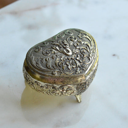 Vintage 1950s Japan Silver Plated Footed Heart Trinket Box 2.75x2" Rose Repousse