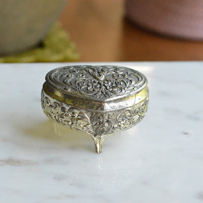 Vintage 1950s Japan Silver Plated Footed Heart Trinket Box 2.75x2" Rose Repousse